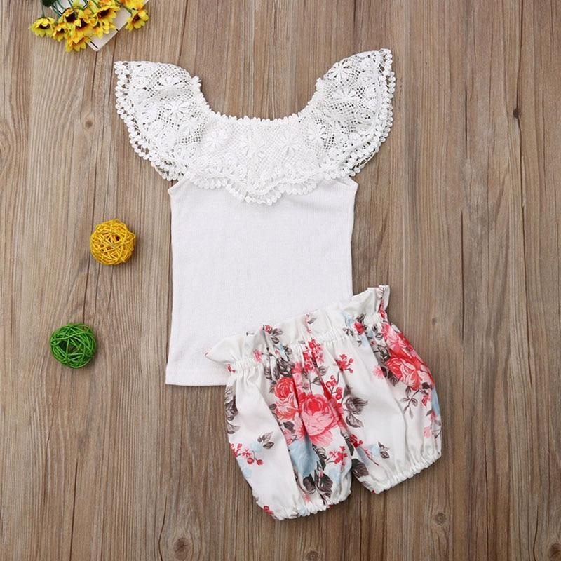 Conjunto 2 Peças Ciganinha Rendada Shorts Floral  - Tamanhos de 0 a 4 anos