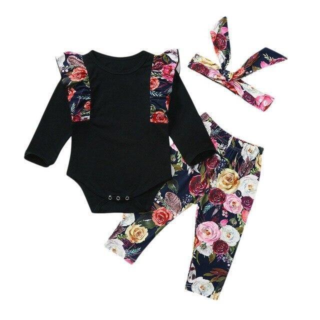 Conjunto Floral Body Babados + Faixa - Tamanhos de 0 a 18 meses